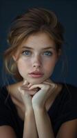Serene Half Body Portrait of Thoughtful Woman in Natural Light against Navy Blue Background photo