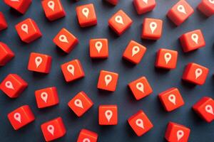 Places of interest. Sights and places of presence. Coverage of retail outlets. Tourism and leisure planning. Sale of land. Location determination, tracking. Geolocation button symbols on dice. photo