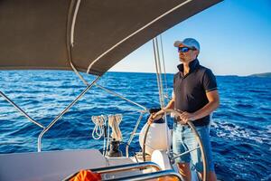 Young man captain stands at the helm and controls a sailboat during a journey by sea. High quality photo