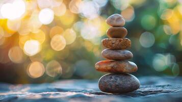Stack of zen stones on a blurred background with bokeh photo