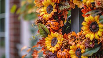Beautiful autumnal wreath made of colorful leaves and berries. photo