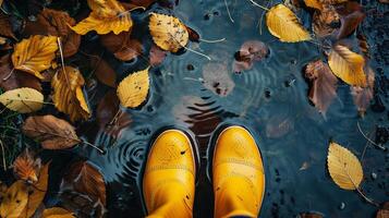Yellow rubber boots in a puddle with autumn leaves. View from above. photo