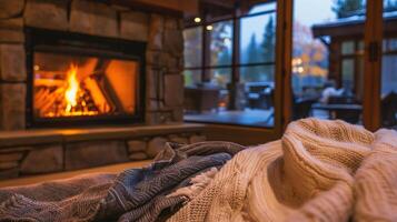 Cozy winter evening by the fireplace. Warm knitted plaid on the table in front of the fireplace. photo