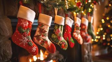 Christmas socks hanging in front of a fireplace. Christmas and New Year background photo
