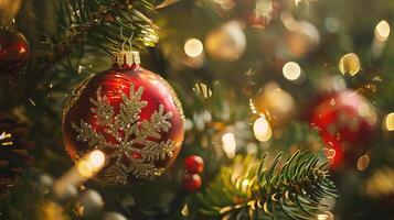 Christmas tree with ornaments on blurred bokeh background photo