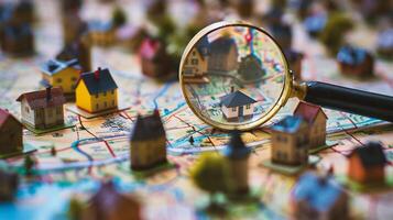 Miniature houses and magnifying glass on a map photo