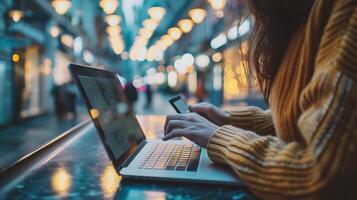 Woman using laptop and credit card for online shopping in the city. photo