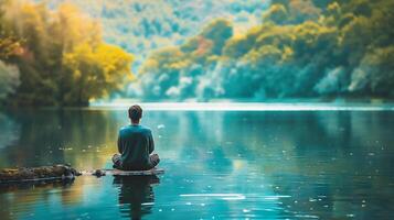 Man meditating on the lake in the morning. Calmness and relax concept. photo