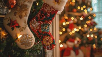 Christmas socks hanging in front of a fireplace. Christmas and New Year background photo