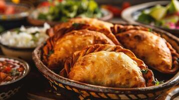 empanadas with cheese and vegetables on rustic background photo