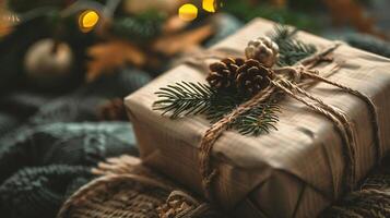 Christmas presents wrapped in craft paper and decorated with fir branches and pine cones on rustic background. photo