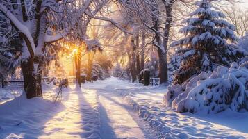 Beautiful winter landscape with trees covered with hoarfrost at sunset photo