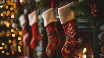 Christmas socks hanging in front of a fireplace. Christmas and New Year background photo