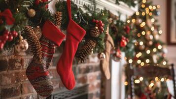 Christmas socks hanging in front of a fireplace. Christmas and New Year background photo