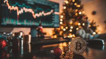 Gold bitcoin coin on the table with a computer and Christmas tree in the background photo