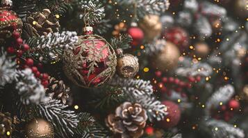 Christmas tree with ornaments on blurred bokeh background photo