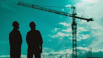 silhouette of engineer and construction worker on the background of building photo