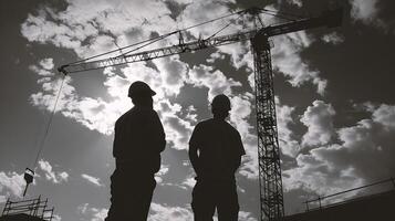 silhouette of engineer and construction worker on the background of building photo