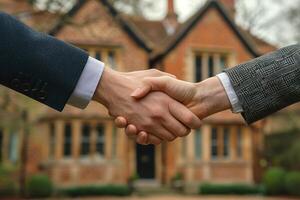 handshake against the backdrop of a country house for sale photo