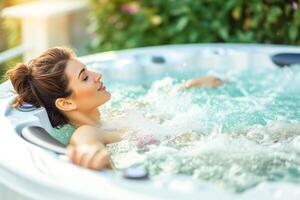 Young woman enjoying a relaxing holiday in a jacuzzi. relaxation and comfort during water procedures. photo