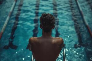Swimmer on a diving tower, ready to jump into a large Olympic swimming pool, close-up rear view photo