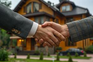handshake against the backdrop of a country house for sale photo