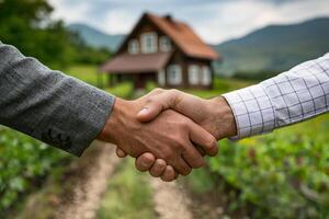 handshake against the backdrop of a country house for sale photo