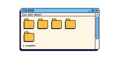 Retro file system program in blue colors. Set of folders in old style. vector