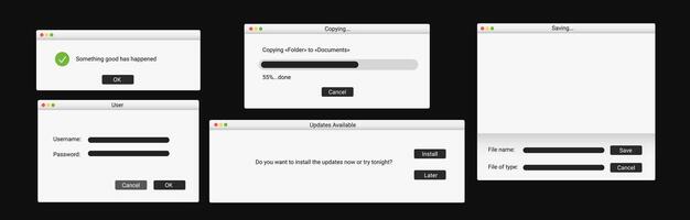 Set of modern computer window. Successful message on screen. vector