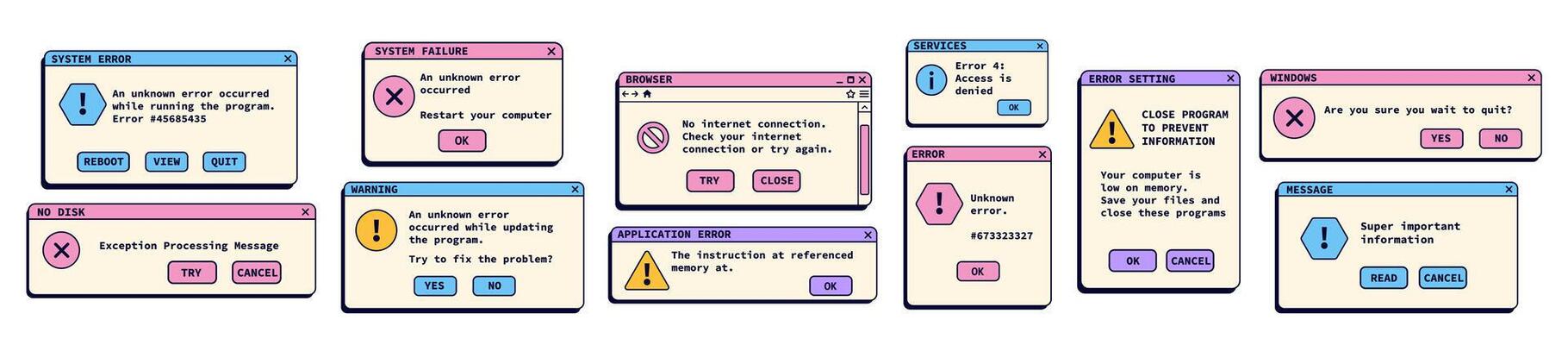 Nostalgic retro operating system illustrations.