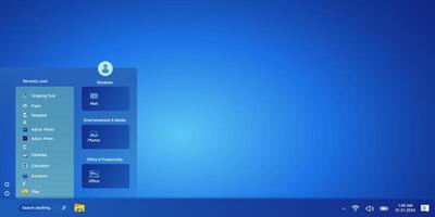 Modern desktop with start menu and programs on screen in blue color. vector