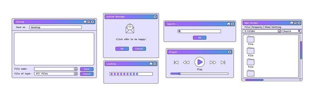 Set of old windows with gradient. Purple music player on computer. vector