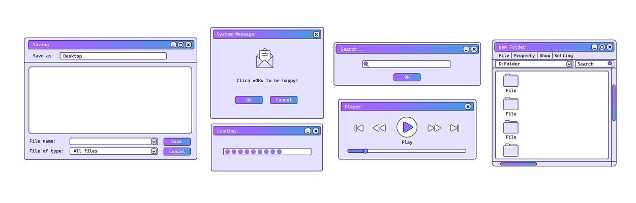 Set of old windows with gradient. Purple music player on computer.