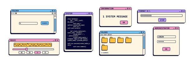 Set of nostalgic window with folders. Retro user interface for music player. vector