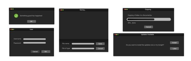 Set of digital system windows in black style. vector