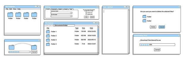 Set of old window for operating system on blue color. Digital loading bar. vector