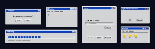 Set of old window messages. Retro loading bar on screen. vector