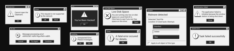 Set of error window messages in black color. Warning dark digital messages in old style. vector