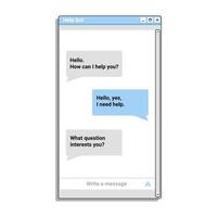 Chat bot application in blue color window for phone. Mobile bot application. vector