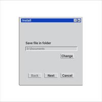 Old installation program window with path of file. vector