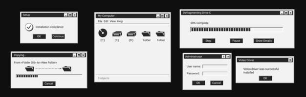 Set of digital message in black style. Old dark computer windows. vector