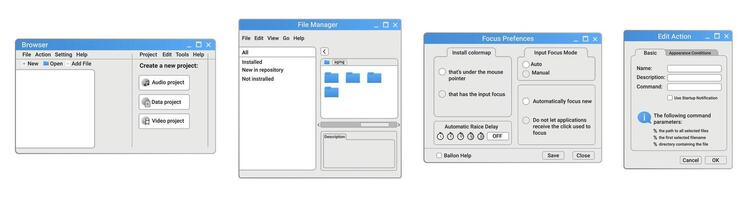 Retro set of system windows in blue style. vector