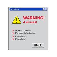 Old warning notification about viruses. Retro antivirus message on screen vector