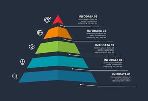 Triangle infographic with 5 elements, presentations, illustration. Template for web on a black background. vector