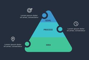 Triangle infographic with 3 elements, presentations, illustration. Template for web on a black background. vector