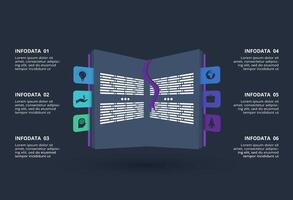Creative infographic with 6 elements, presentations, illustration. Template for web on a black background. vector