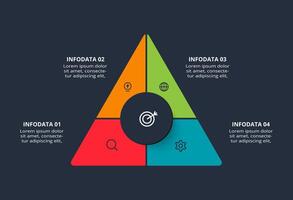 Triangle infographic with 4 elements, presentations, illustration. Template for web on a black background. vector