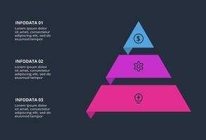 Triangle infographic with 3 elements, presentations, illustration. Template for web on a black background. vector