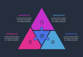 Triangle infographic with 4 elements, presentations, illustration. Template for web on a black background. vector