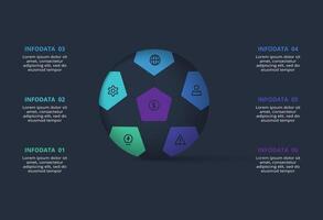 Creative infographic with 6 elements, presentations, illustration. Template for web on a black background. vector